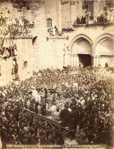 Albumen print dated 1875 showing the Orthodox Patriarch at the ceremony of the washing of the feet at the Holy Sepulchre, Jerusalem.