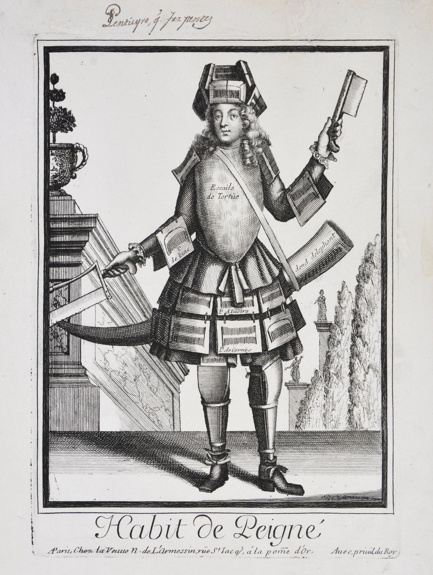 Copper plate engraving from the Album des métiers.The artisan is dressed in the accoutrements of his occupantion and set against a theatrical backdrop.