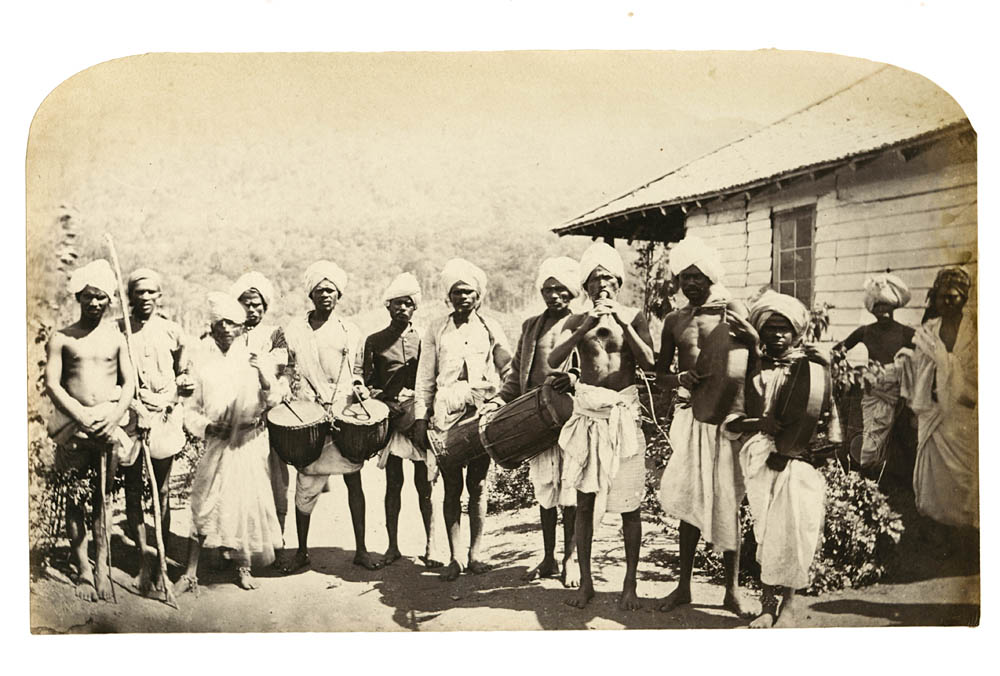 An albumen print with very good tonal range and in good condition circa 1870 showing Sinhalese musicians.