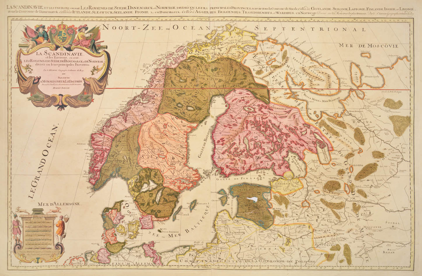 Hand coloured map of Scandinavia with decorated title cartouche.