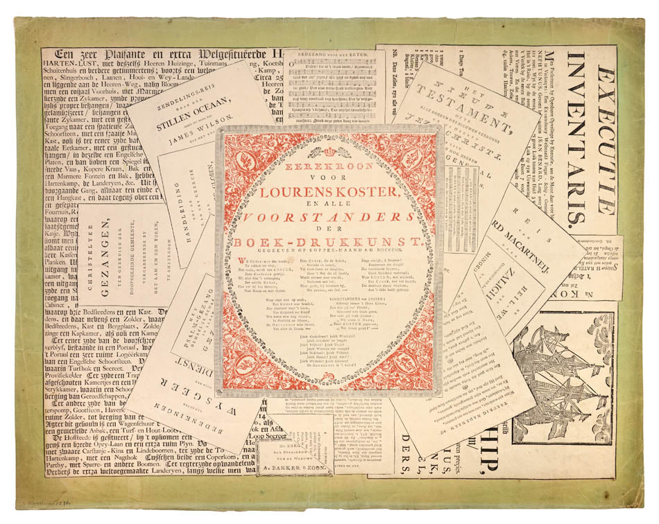 Letter-press trompe-l'oeil, printed in red and black within a green-washed border, 50 x 61 cm., unframed.