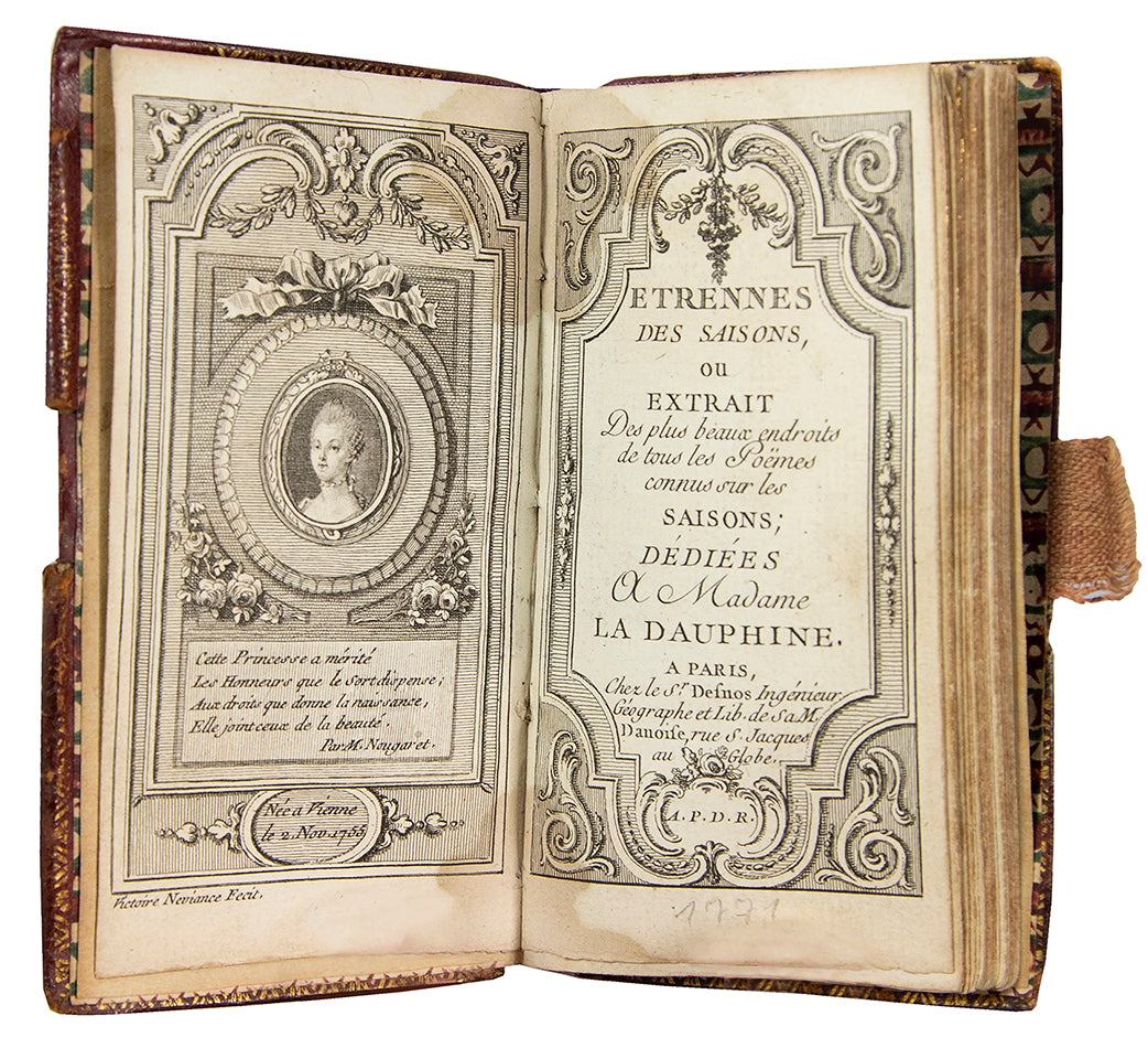Attractive 18th century French almanack, with engraved portrait of dedicatee Marie-Antoinette, binding incorporating cartographic & astronomic elements.