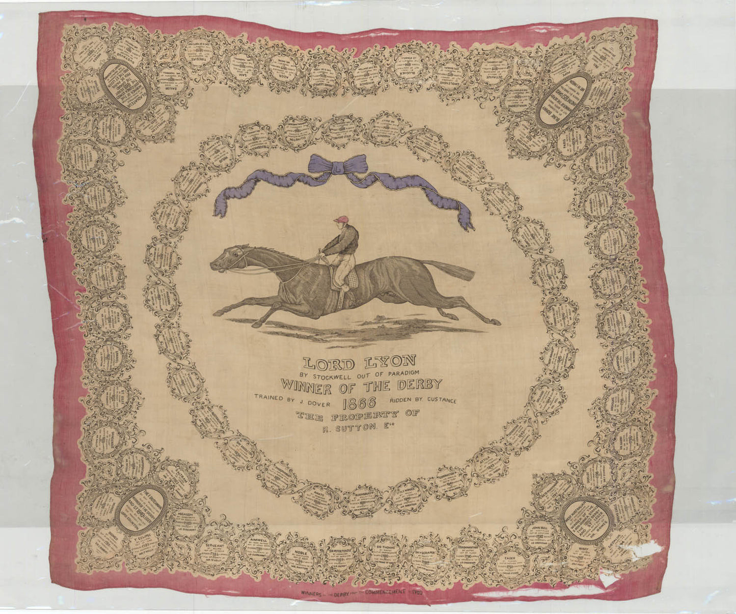 A pair of engravings on silk showing the racehorses Hermit and Lord Lyon, winners of the Derby in 1867 and 1866.