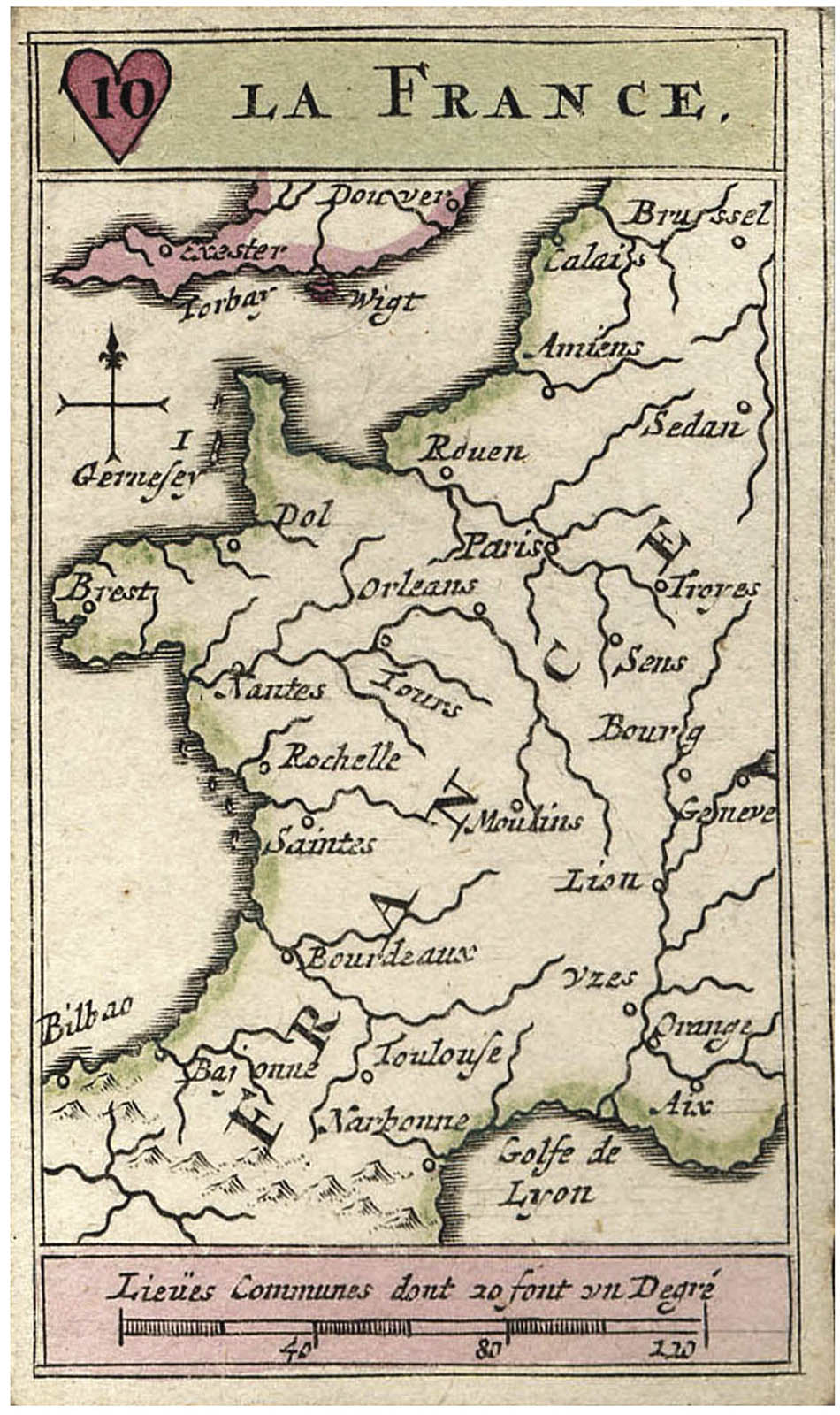 A wonderful cartographic playing card in fine original colour. All playing cards are rare, designed for play and being of small format.