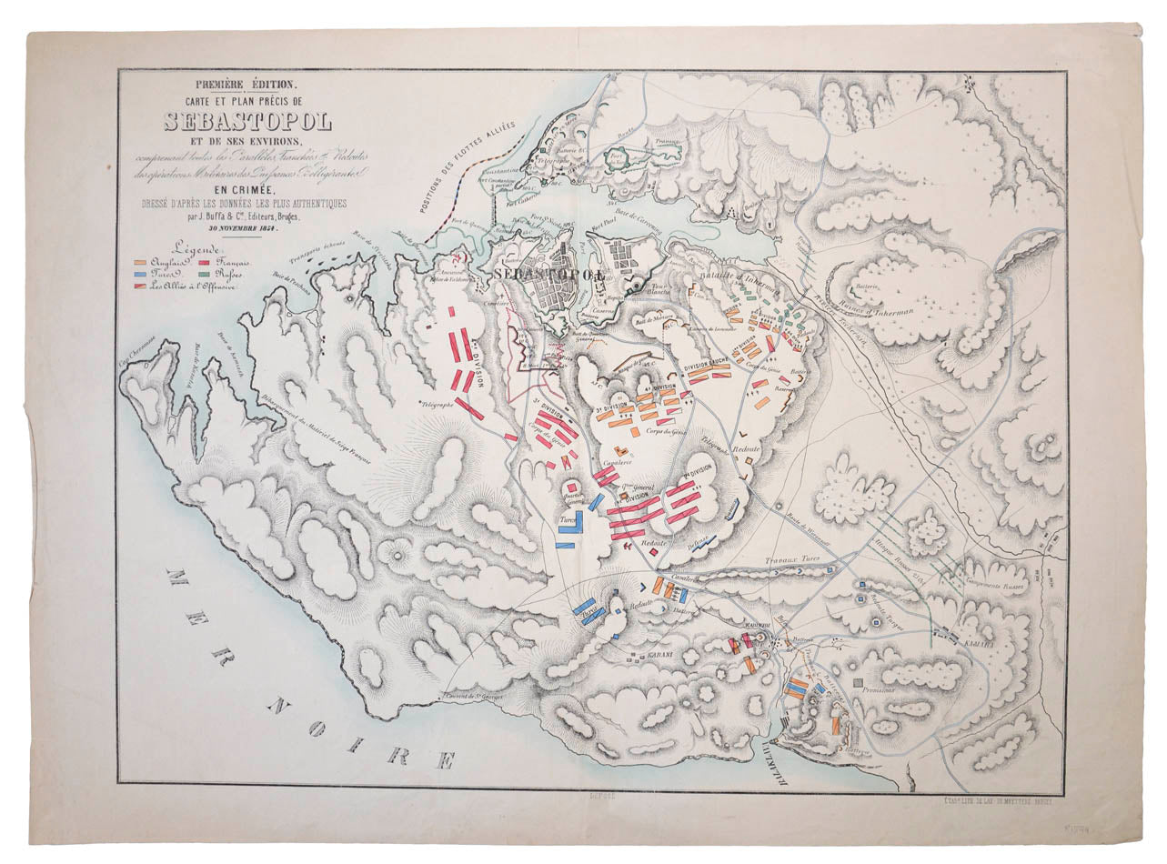 Fine map of Sebastopol showing the early military stages and formations of the Crimean War.