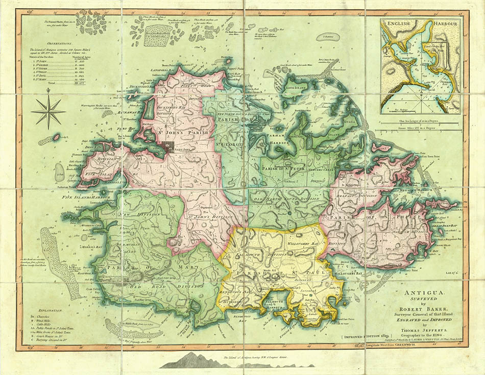 Unrecorded state of this important map of Antigua, here in beautiful fresh condition with the finest contemporary hand-colouring. Not recorded by Tooley.
