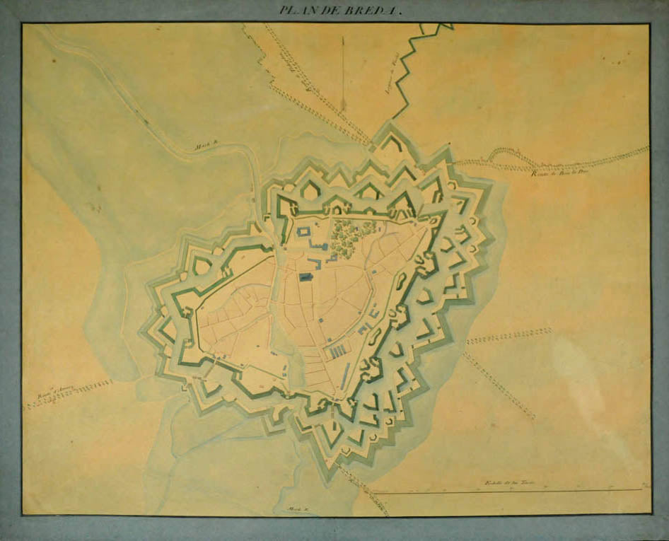A rare 18th c. manuscript plan of Breda, a fortified city of strategic military and political significance but mostly mapped in the 17th century.