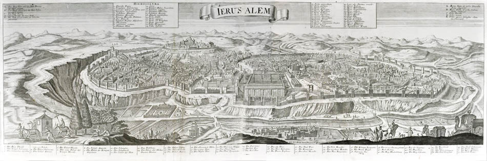 View of Jerusalem, key in Latin and German. Panoramic view of Biblical Jerusalem.<br />