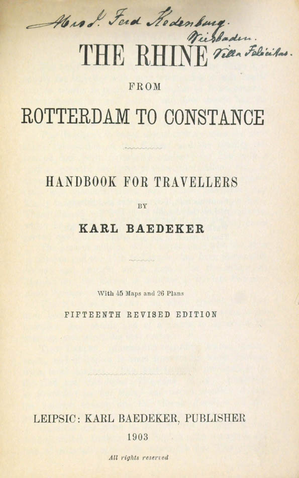 Fifteenth edition of Baedeker's Rhine from Rotterdam to Constance.