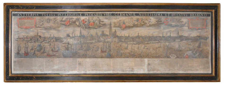 A rare and finely engraved prospect of Antwerp viewed from the Scheldt, first published by Vrients in 1610, under a privilege issued by Archduke of Austria