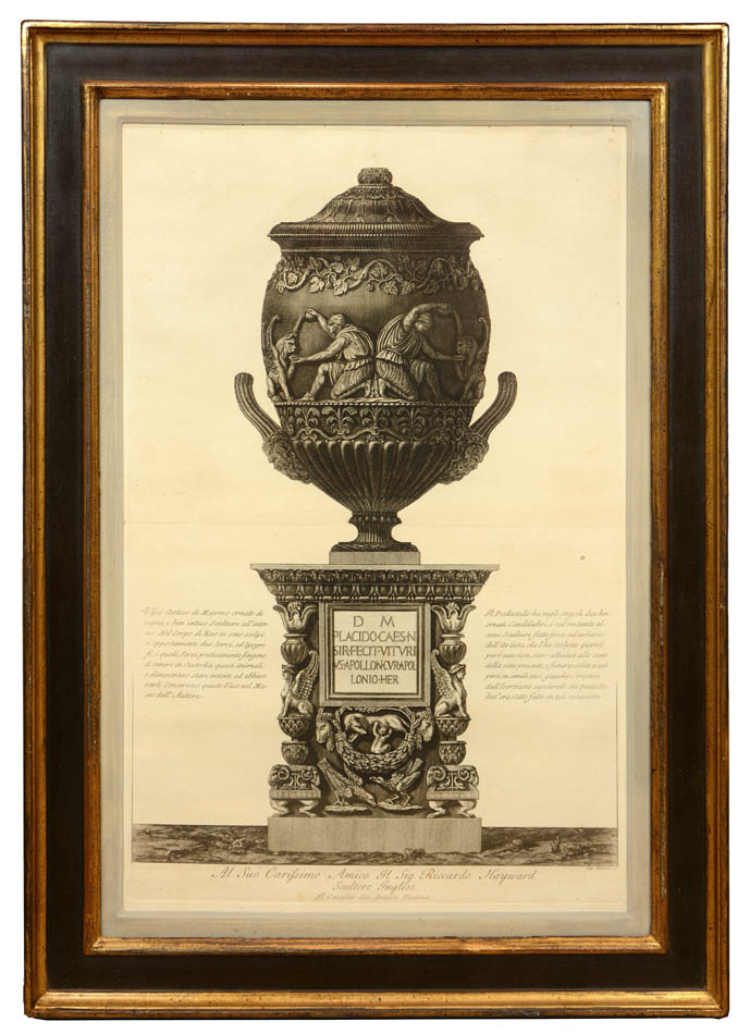 Group of four etchings of large vases by Piranesi, published in Rome in 1791.