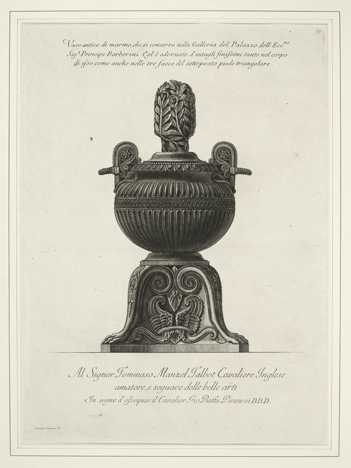 The plates were issued as individual from 1768, first appearing in bound form in 1778 as 'Vasi Candelabri Cippi Sarcofagi', compiled by the son.