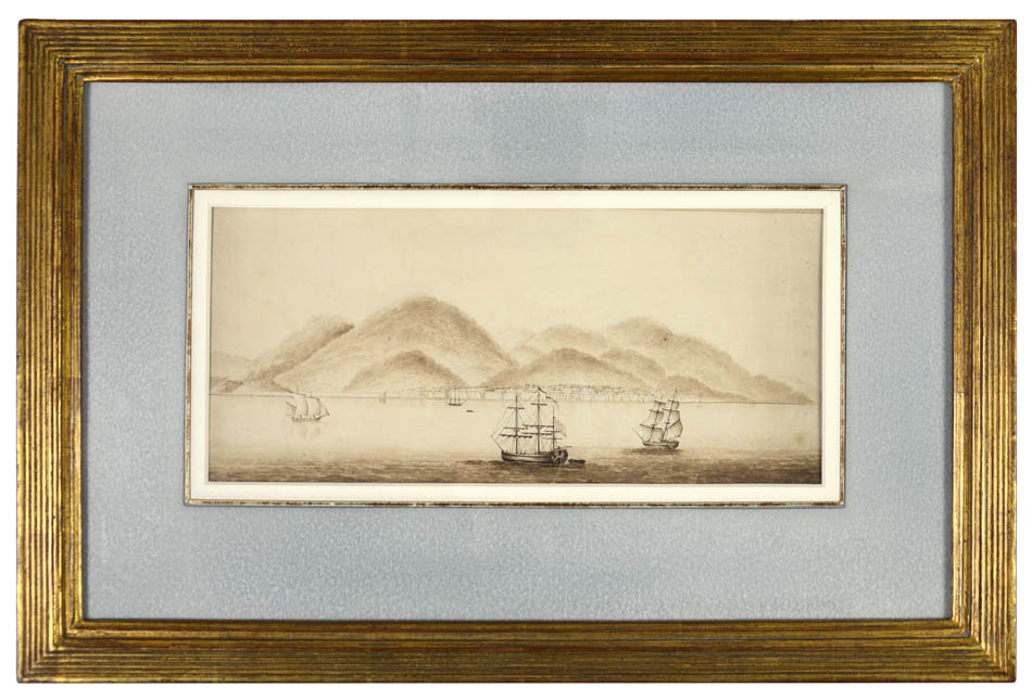 Sepia ink and pencil early view of Hong Kong, showing sailing boats in the foreground, probably executed by an English military or naval officer.