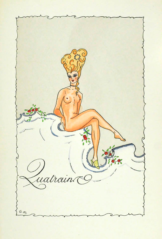 Witty erotic illustrations depicting 18th century French aristocracy each accompanied by proverbs and verses.