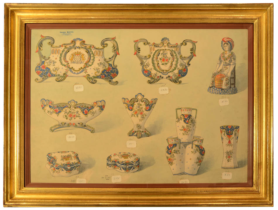 A lovely pair of uncommon original watercolours of designs by Georges Martel for porcelain services by the Desvres factory.
