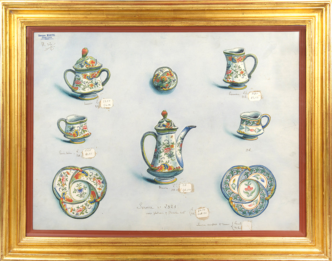 A lovely pair of uncommon original watercolours of designs by Georges Martel for porcelain services by the Desvres factory.