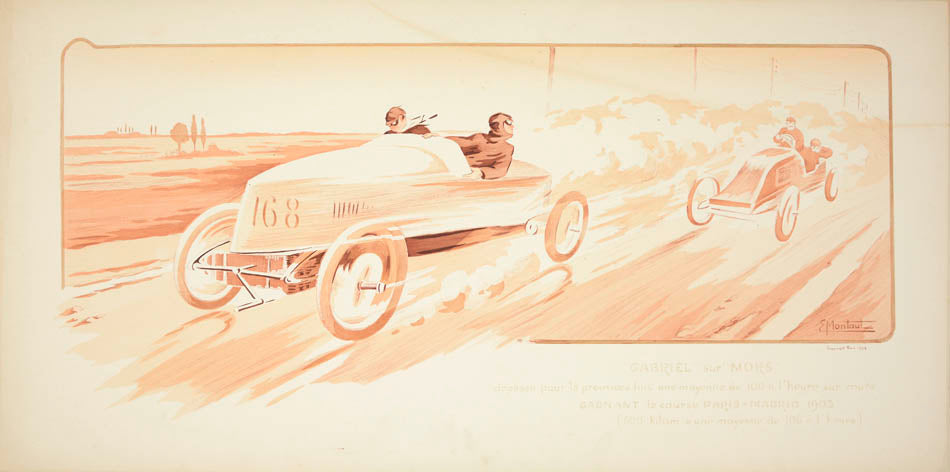 Hand-coloured pochoir print documenting the early history of transportation, by Ernest Montaut and his wife Marguerite who used the name Gamy.