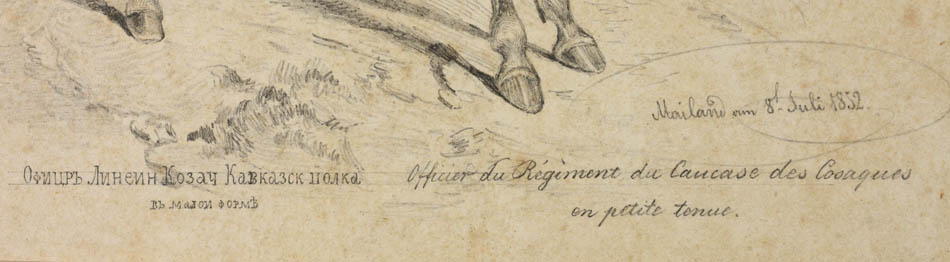 Fine, detailed pencil drawings of a mounted officer from the Caucasus Line Cossack Host.