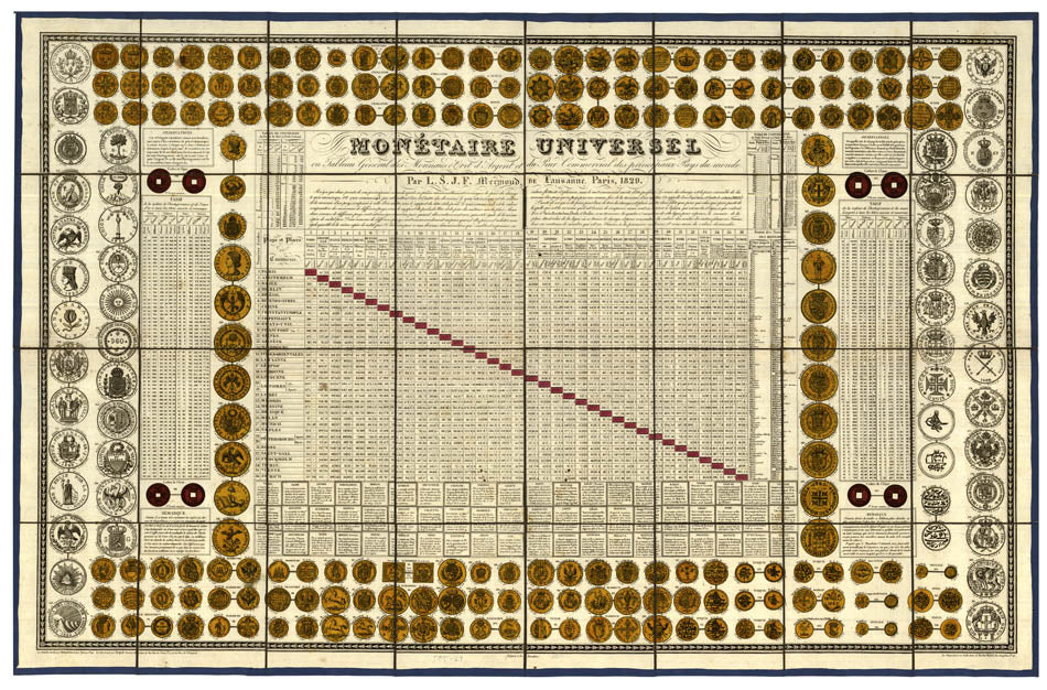 This rare chart describes various currencies and exchange rates in 60 cities and 36 countries, with illustrations of the relevant coins.