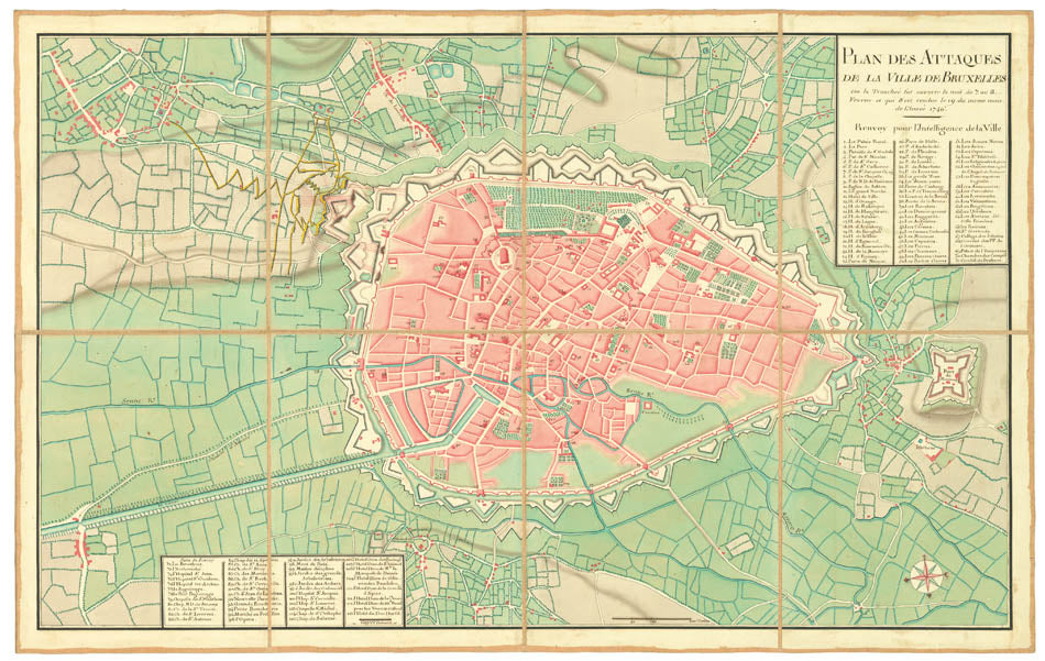 Large plan of the Siege of Brussels in 1746, beautifully drawn in bright watercolour. The plan renders the city and the surrounding area in great detail.