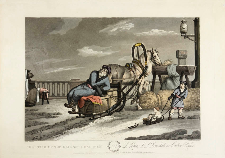 Russian carriages and sleighs and their occupants, all dressed in contemporary costume and boldly coloured.