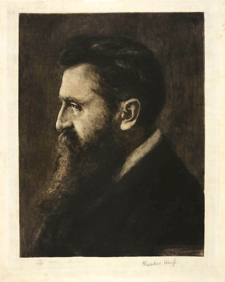 A powerful etched portrait of Theodor Herzl by Hermann Struck, signed by both Hermann Struck and by Theodor Herzl himself.