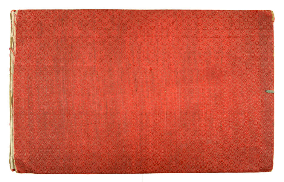 A set of 10 watercolour and gouache studies on pith paper. Contemporary red patterned silk binding.