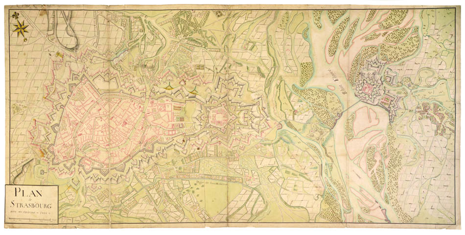 Large manuscript plan of Strasbourg - a unique item with fine colours, very unusual.