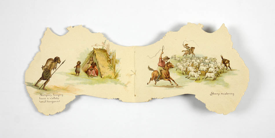 A rare shape book, in the form of the Australian continent, with scenes of Australian life, including sheep mustering and a bullock team.