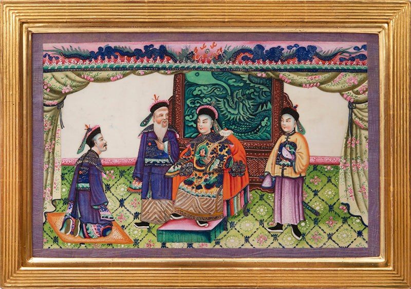 Large format album of 11 scenes showing rich Chinese interiors and fine costumes - this album of especially large format, watercolour & gouache on pith.