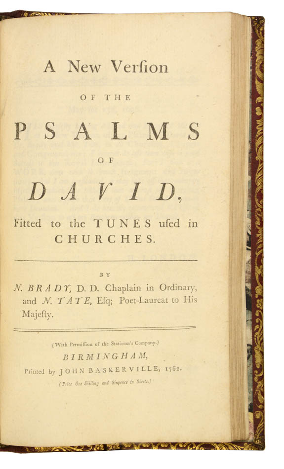 A near fine edition of Baskerville's Book of Common Prayer, Book of Psalms, and Psalms of David, bound in contemporary red panelled morocco gilt.