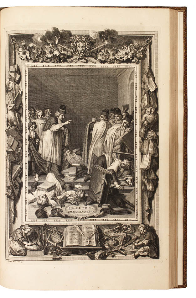 A handsome set of an important edition of Boileau's works, bound in full red contemporary morocco, allegorical engraved vignettes, plates.