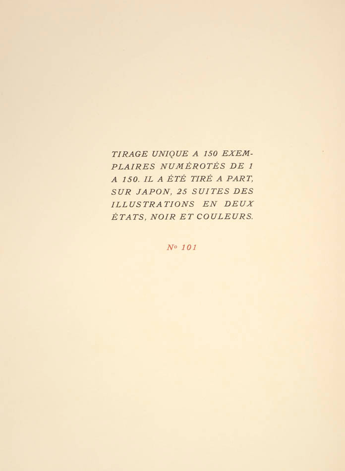 The present work is illustrated by George Barbier who provides beautiful illustrations of the mythological Centaur and the Bacchante, a follower of Bacchus