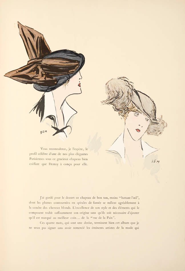 In this lively album Sem illustrates pre war fashion with 16 pages of full page pochoir prints depicting fashionable ladies in fashionable hats.