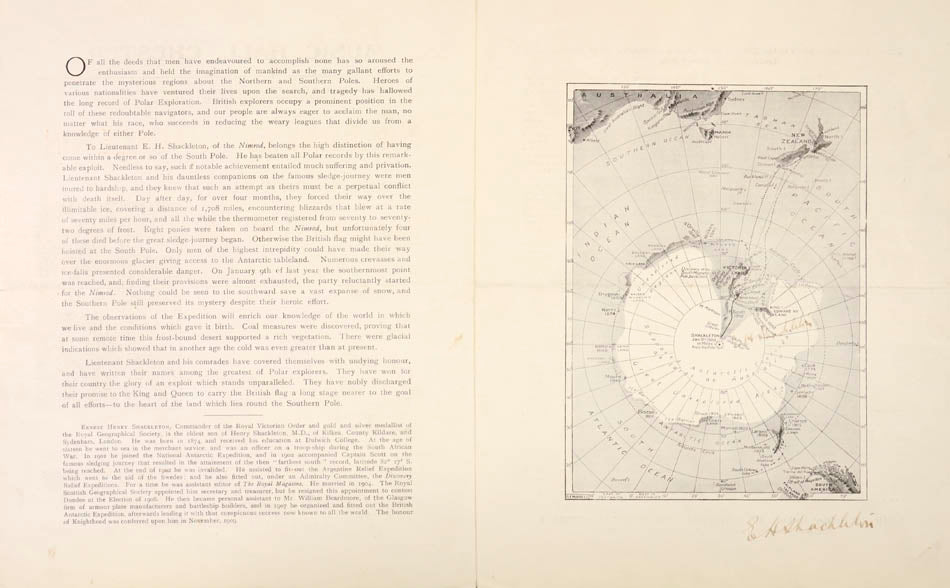 a collection of signed printed ephemera from Shackleton's first Antarctic expedition, with the provenance of the Ship's chief engineer.