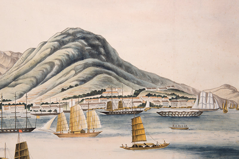 A rare large-scale watercolour view of Hong Kong Island painted in the first ten years of colonial rule. The absence of St John's Cathedral amongst the urban waterline dates this painting before 1849.