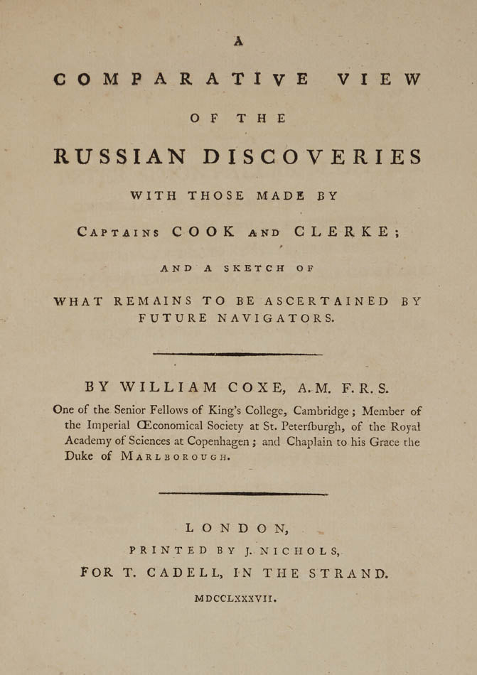 Exceedingly rare. This was intended as a supplement to Coxe's Account of the Russian Discoveries published in 1780.
