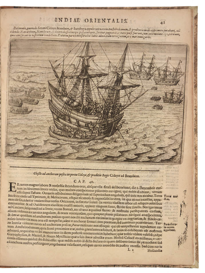 First latin edition of this important account of Houtman's voyage, the first Dutch voyage ot the East Indies. With detailed descriptions of Java and Bali.