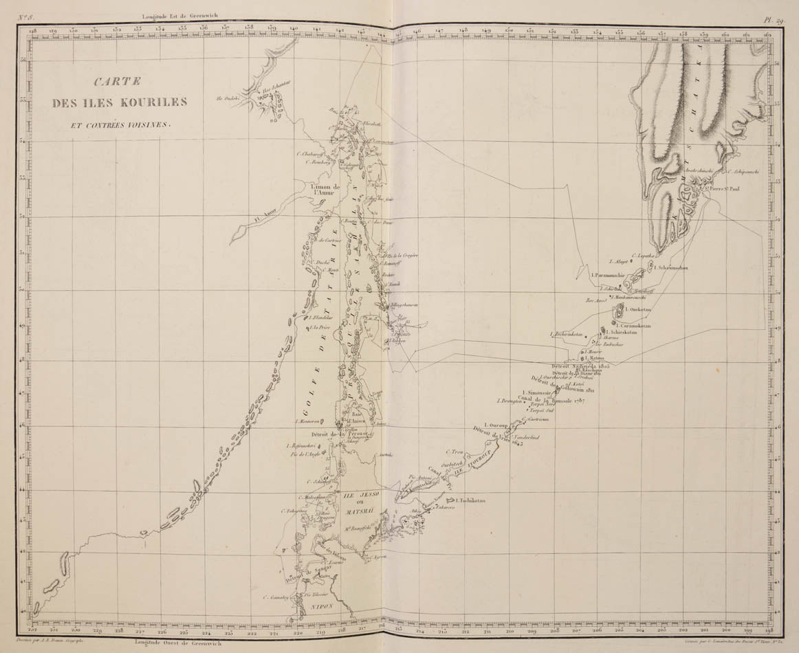 A very attractive example of the French edition of the first Russian circumnavigation, complete with the rare and beautiful atlas.