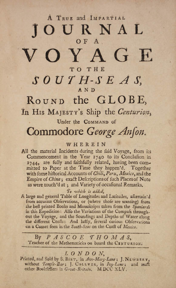 This accont preceded the publication of the offical account of Lord Anson's voyage by three years.