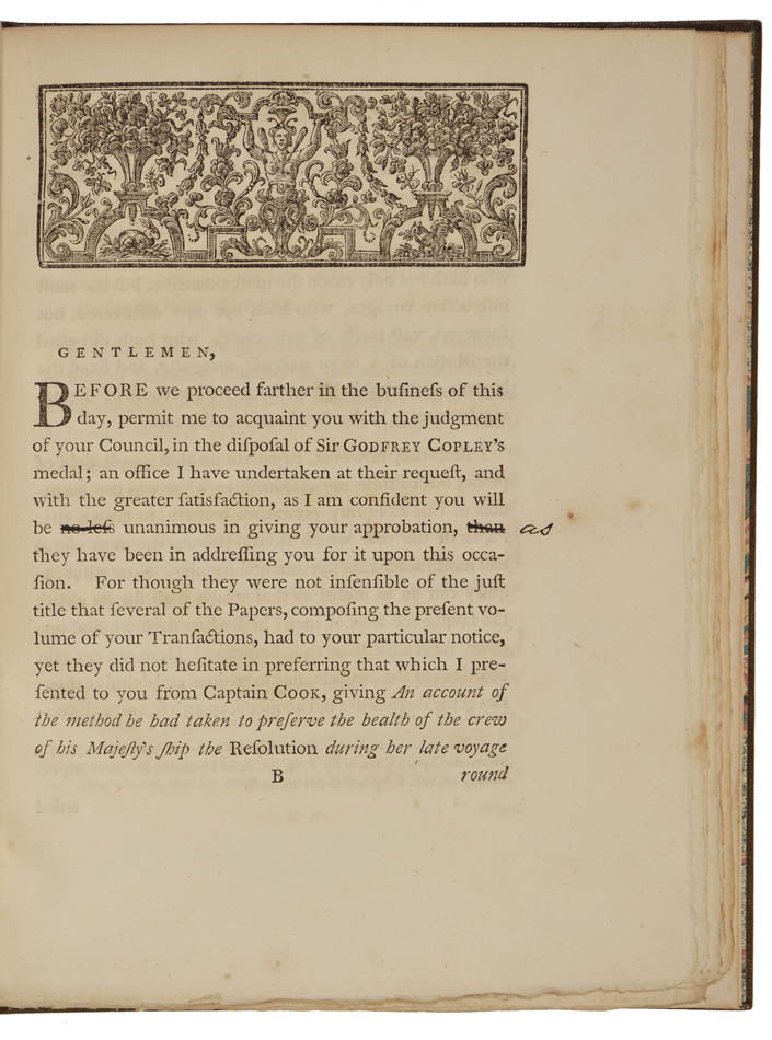 A work of huge importance for the inclusion of Captain Cook's paper on the prevention of scurvy.