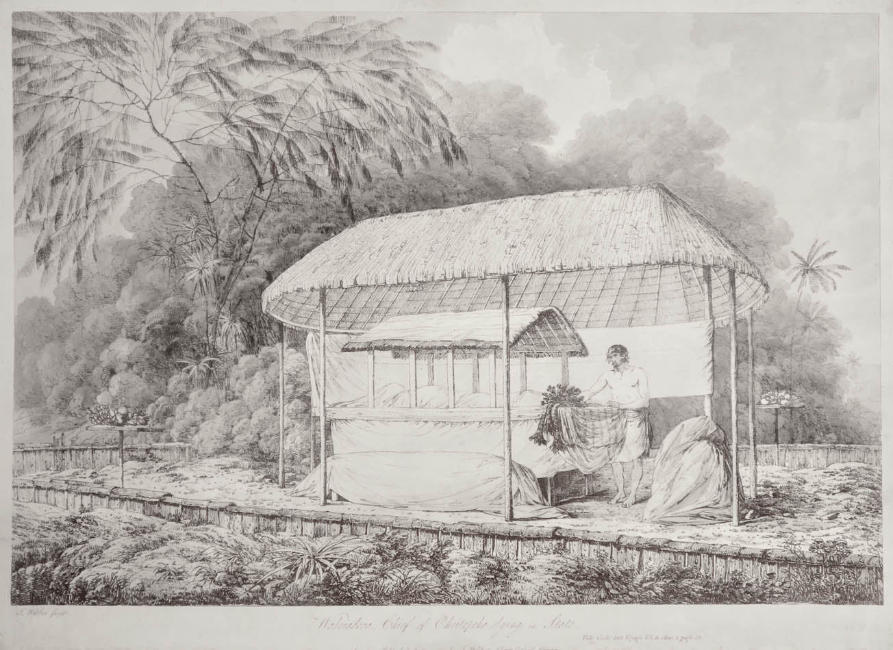 One of the most well-known images from the earlier issue of Webber's Views in the South Seas. The chief lies in state on the island of Tahiti.