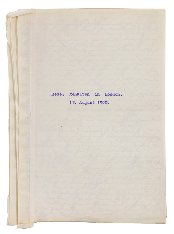 14 pages of speech notes written by Nordau for his address at the gathering in the Great Assembly Hall in London.