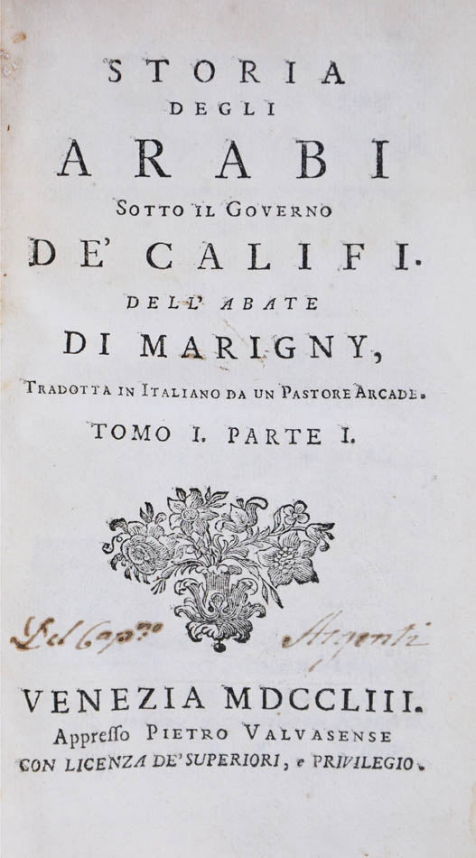 Splendidly bound first edition set in Italian of this chronological history of the Eastern Caliphs, 4 vols, full contemporary morocco gilt, 12mo, 1753-54.