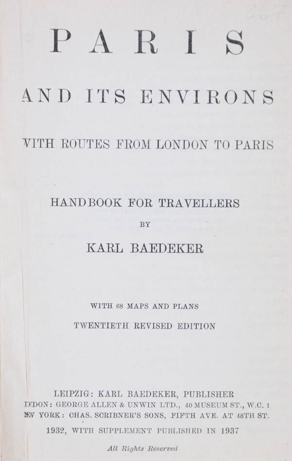 Scarce edition of Baedeker's Paris, published just before WWII. Issued c.1937