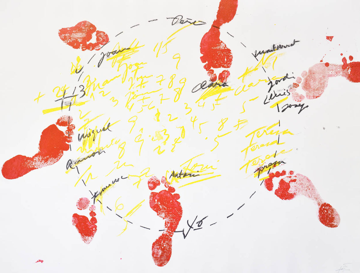 Tàpies's abstract art is made with expressive blends of impasto, gestural brush strokes, often backwards hand-written script, and common and poor materials