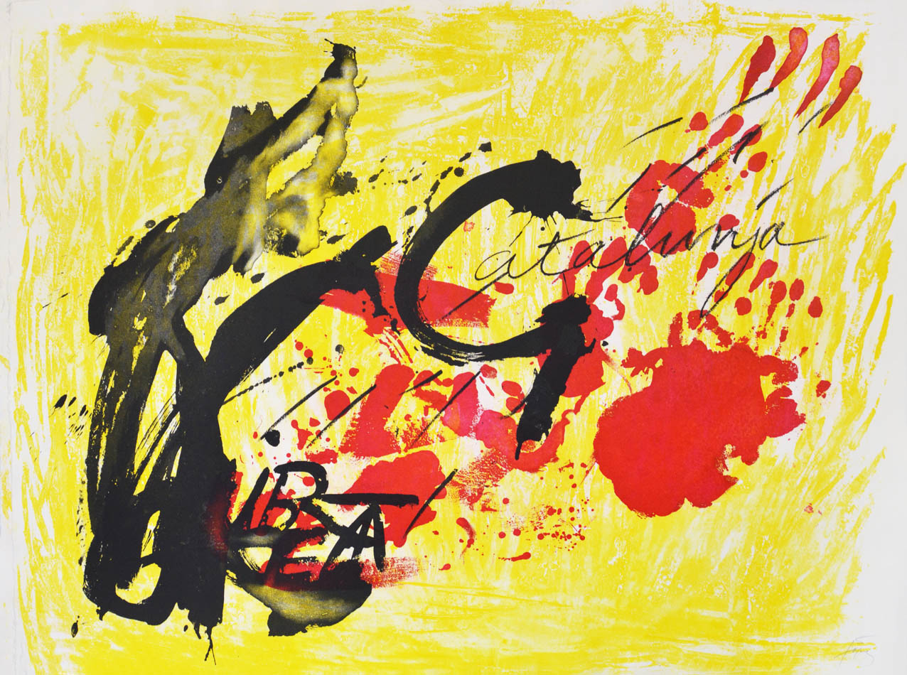 Tàpies's abstract art is made with expressive blends of impasto, gestural brush strokes, often backwards hand-written script, and common and poor materials