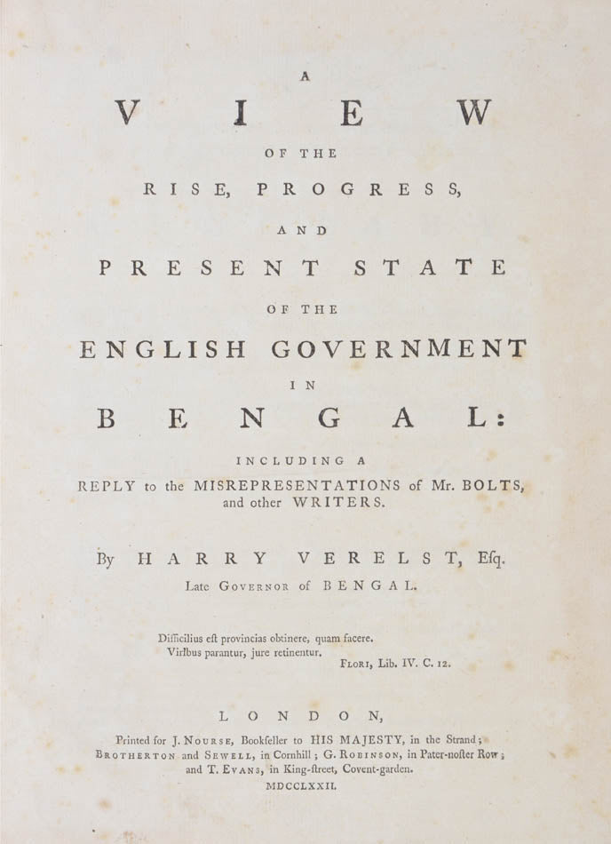 A defence by Harry Verelst (1734-1785) of the British administration in Bengal during his governorship.