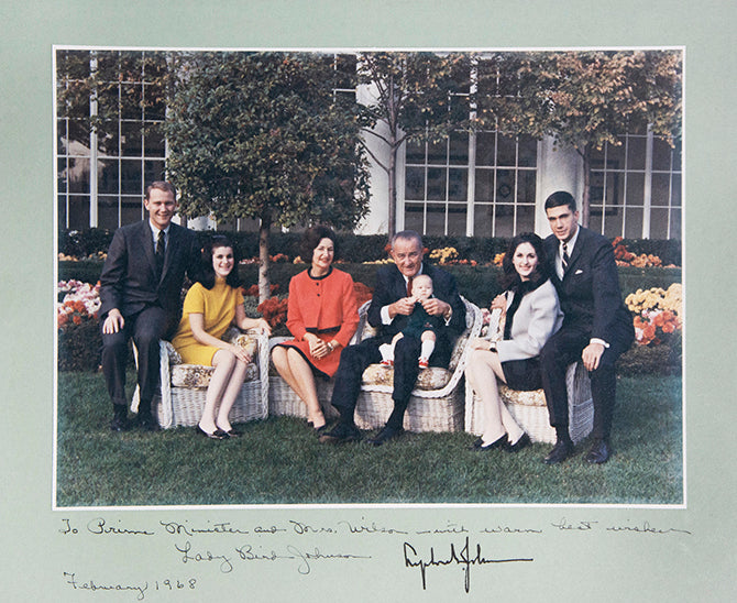 Lydon B. Johnson 36th President of the United States; Harold Wilson Prime Minister of Great Britain, photographic portrait of Lyndon B Johnson and his family, inscribed