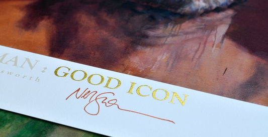 The exhibition, originally installed in both the Bookshop and our Gallery, features portraits of the iconic author Neil Gaiman, as well as works inspired by the adaptation of both his and Terry Pratchett’s book, Good Omens.